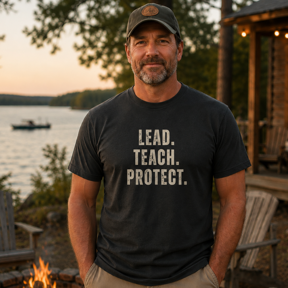 Man wearing the Lead Teach Protect Tee in Black Rock featuring the Lead Teach Protect front design beside a lakeside cabin at sunset.