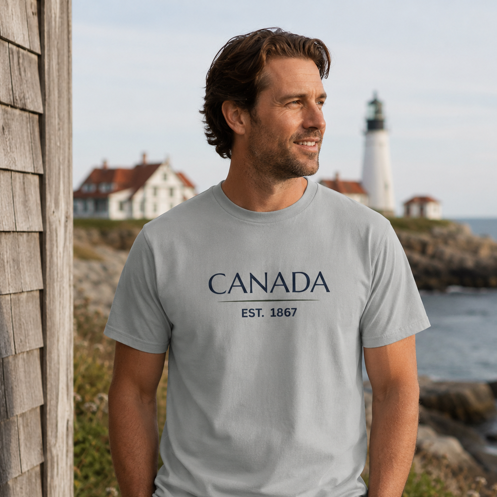 Man wearing the Canada Tee in Misty Grey featuring Canada and Est. 1867 on the front with a coastal lighthouse in the background.
