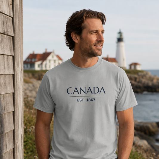 Man wearing the Canada Tee in Misty Grey featuring Canada and Est. 1867 on the front with a coastal lighthouse in the background.