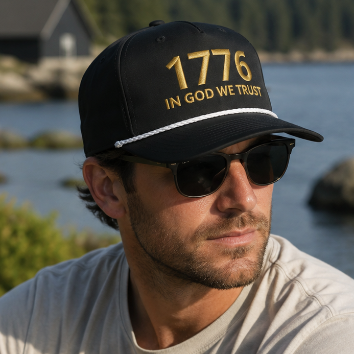 Man wearing black and gold 1776 In God We Trust Christian rope hat outdoors near the coast at sunset
