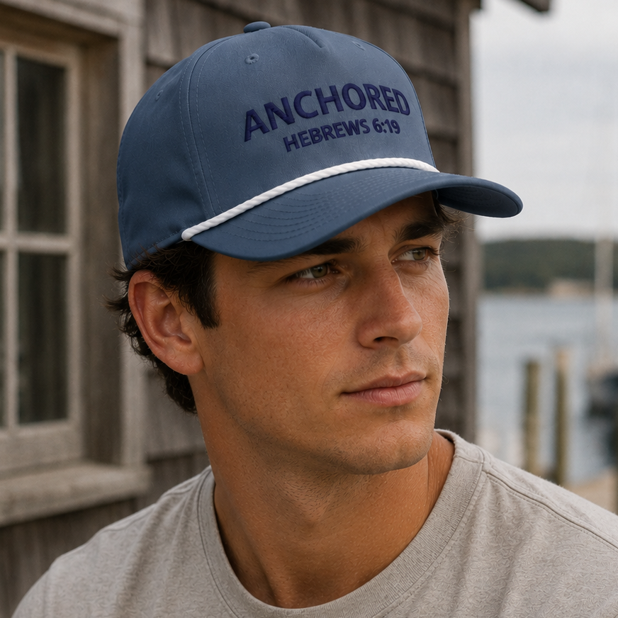 Male lifestyle model wearing Anchored Rope Hat by dock and boathouse