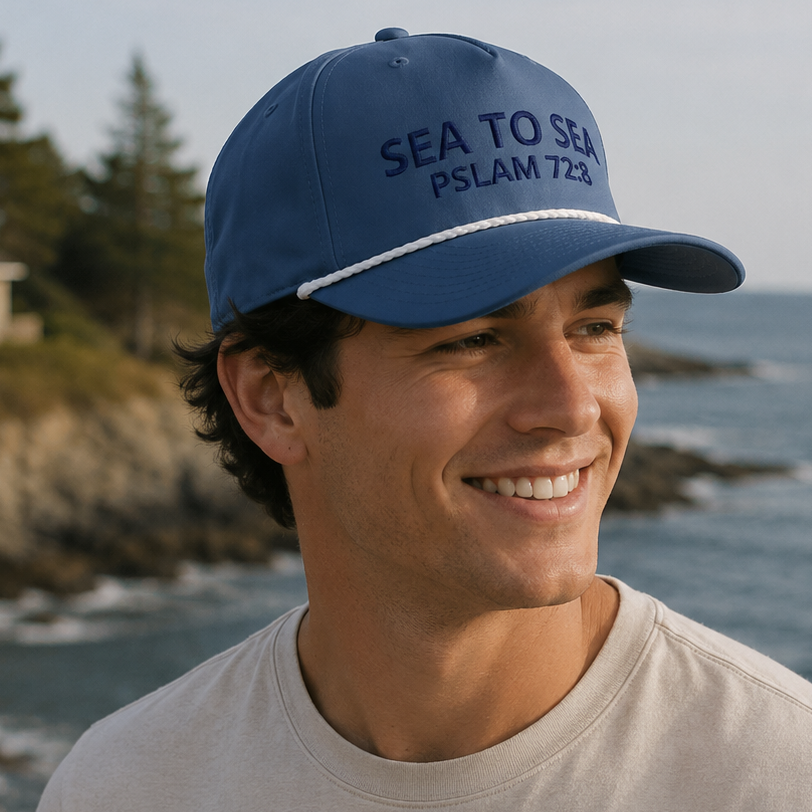 Man wearing the Sea to Sea Rope Hat featuring Psalm 72:8 embroidery while sitting beside a coastal dock.
