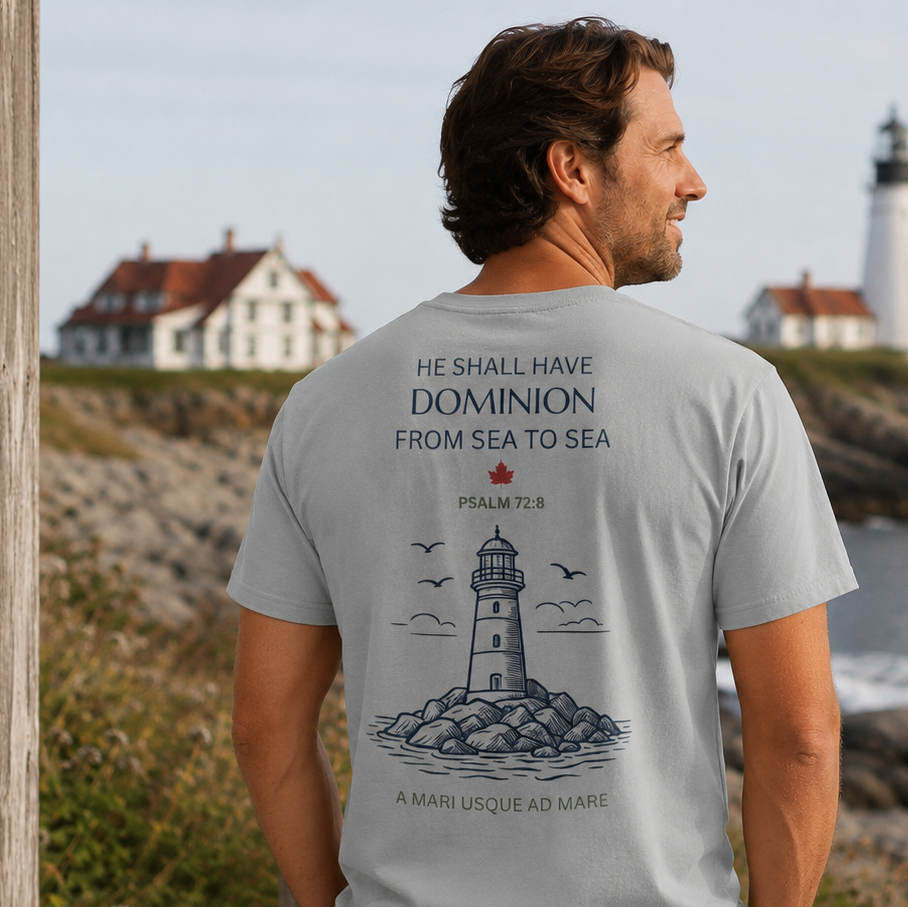 Man wearing a Canada Tee in Misty Grey featuring Psalm 72:8, a lighthouse graphic, and the words From Sea to Sea.