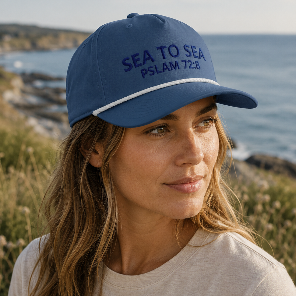 Woman wearing the Sea to Sea Rope Hat featuring Psalm 72:8 embroidery while overlooking the coastline.