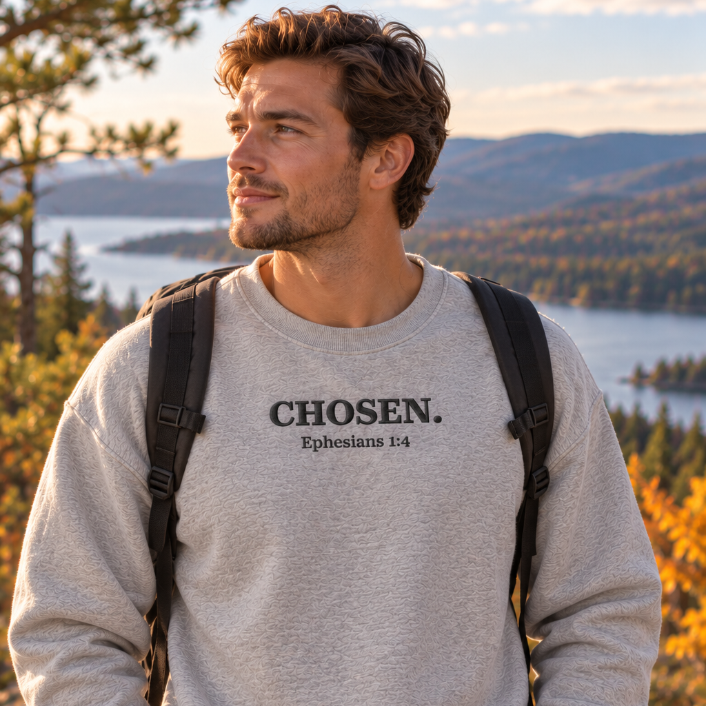 A man wearing a light gray crewneck sweatshirt with 'CHOSEN. Ephesians 3:14' printed in black on the chest, standing outdoors in a scenic mountain and lake landscape with a backpack on.
