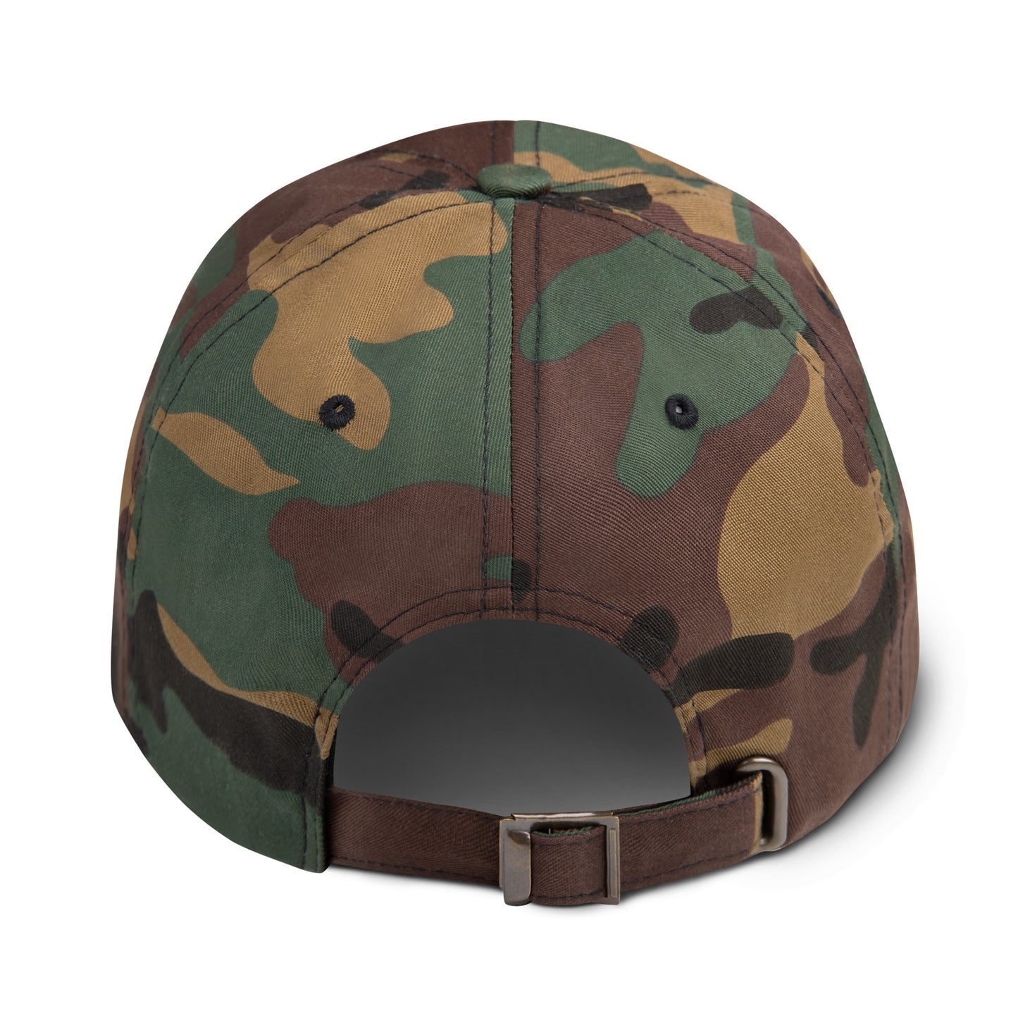 Back view of camo dad hat showing adjustable strap and stitching detail.