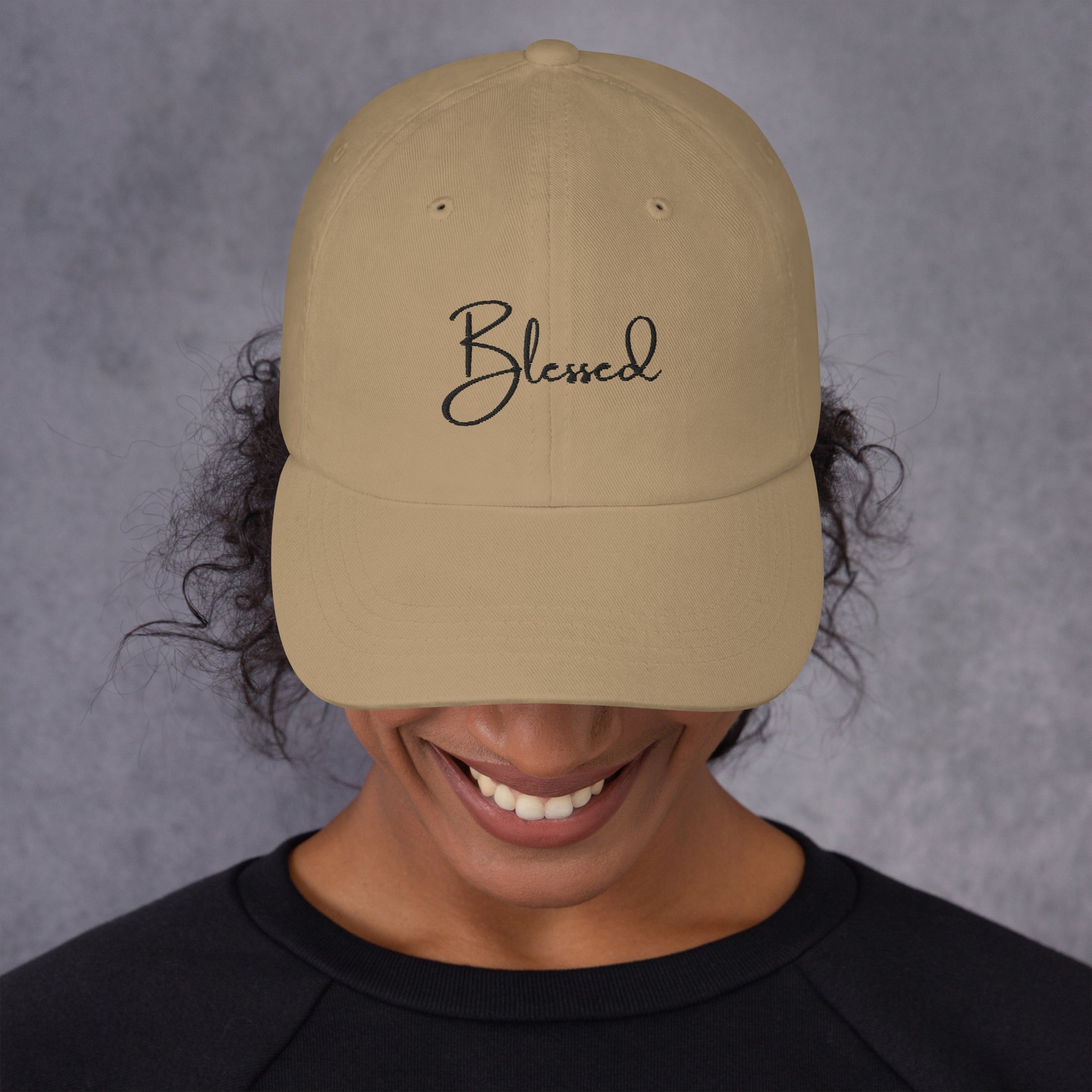 Product mockupKhaki Blessed Hat on smiling woman – Christian faith cap front view