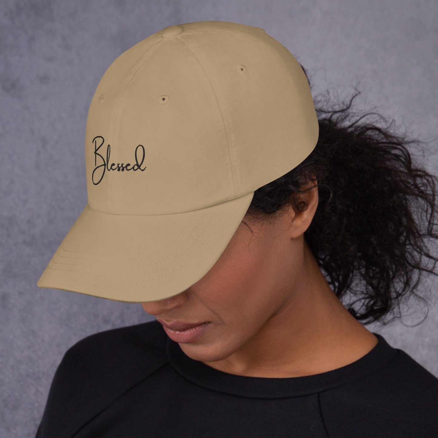 Khaki Blessed Hat front and side view on female model