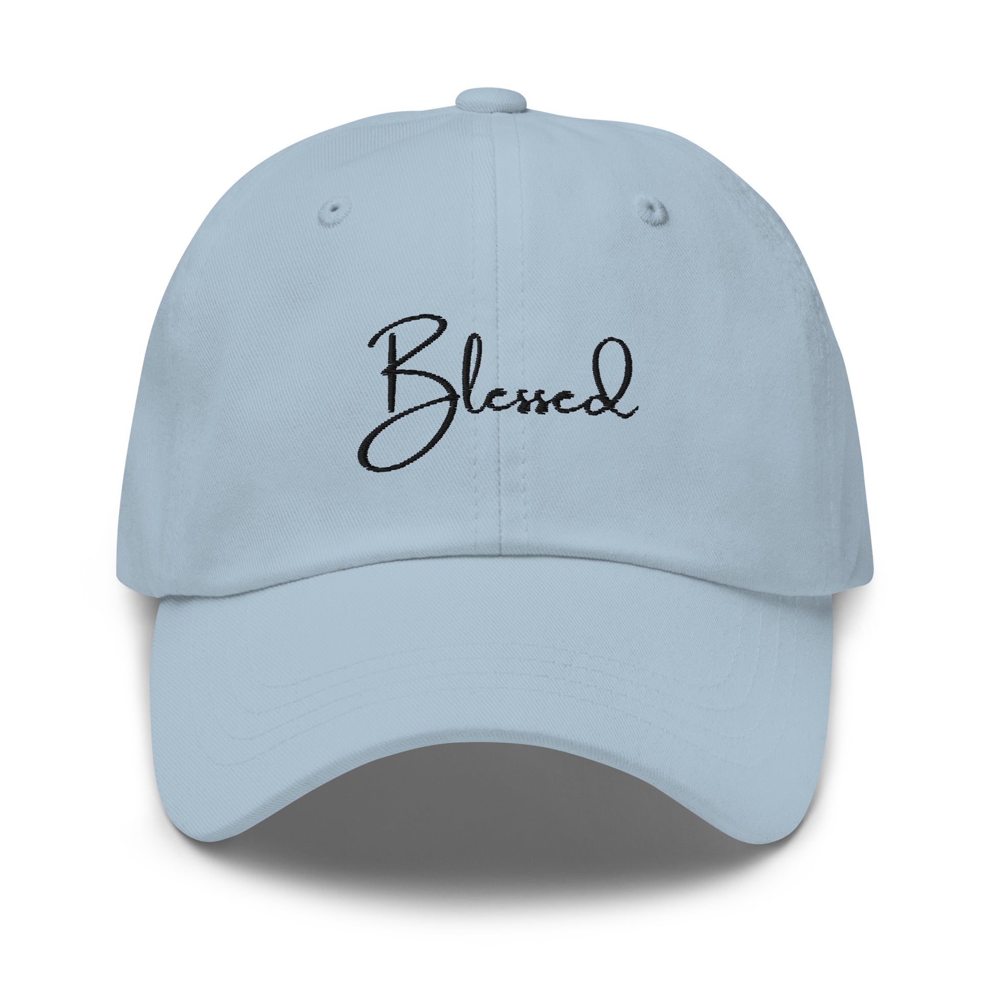 Light Blue Blessed Hat front view – embroidered Christian dad hat