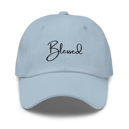 Light Blue Blessed Hat front view – embroidered Christian dad hat