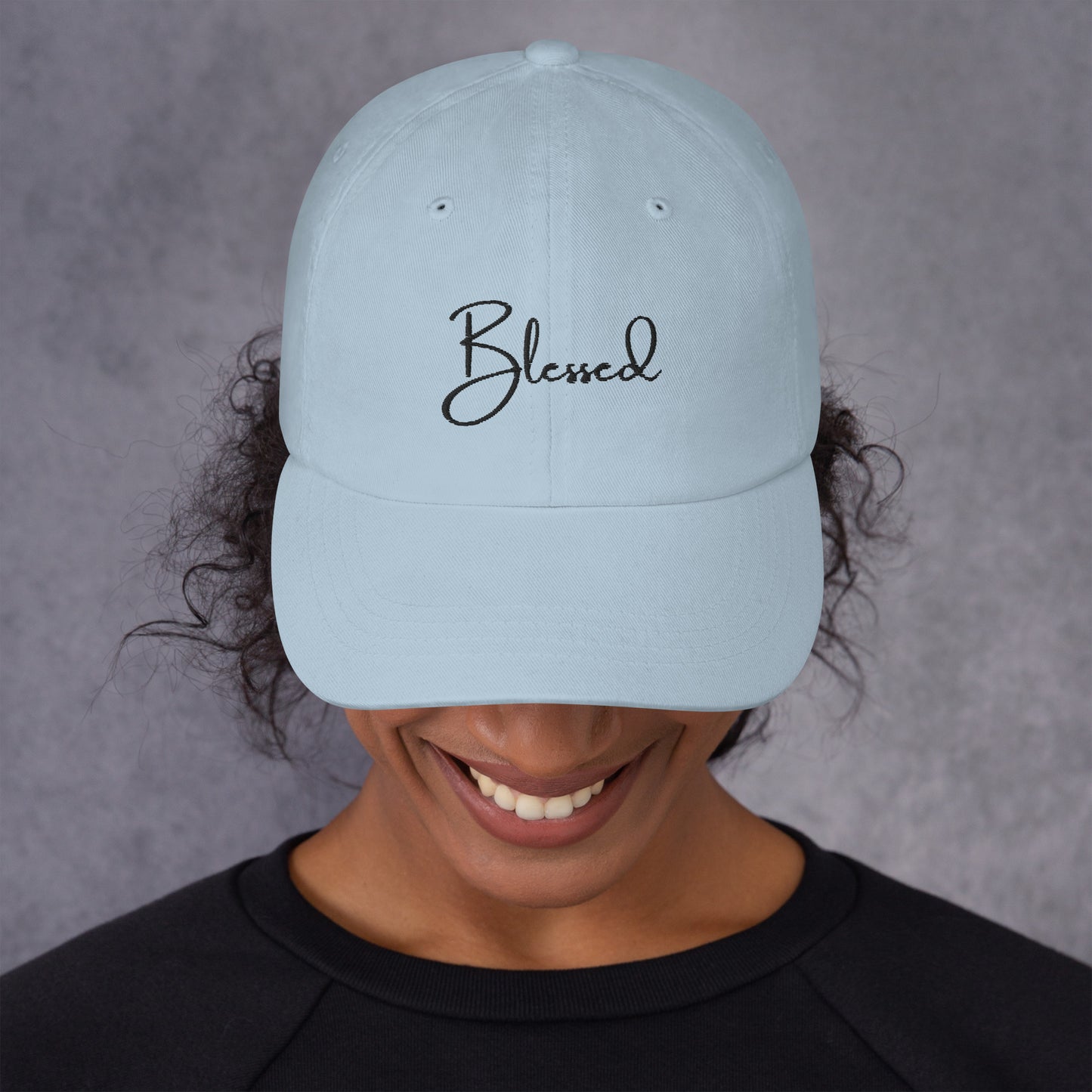 Light Blue Blessed Hat on smiling woman – Christian faith cap front view