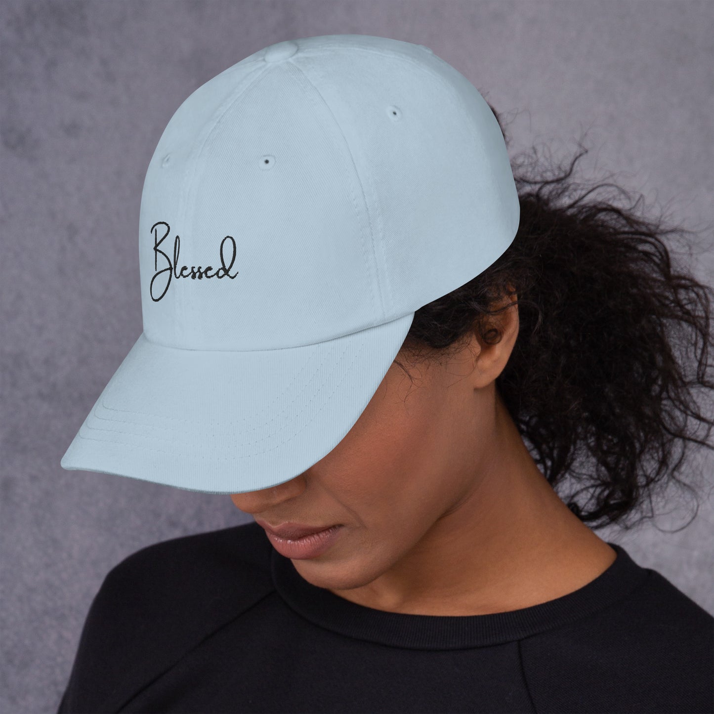 Product mockupLight Blue Blessed Hat front and side view on female model