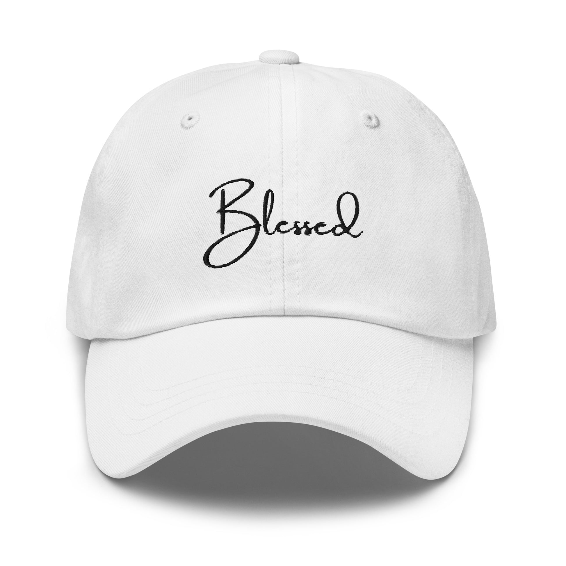 White Blessed Hat front view – embroidered Christian dad hat