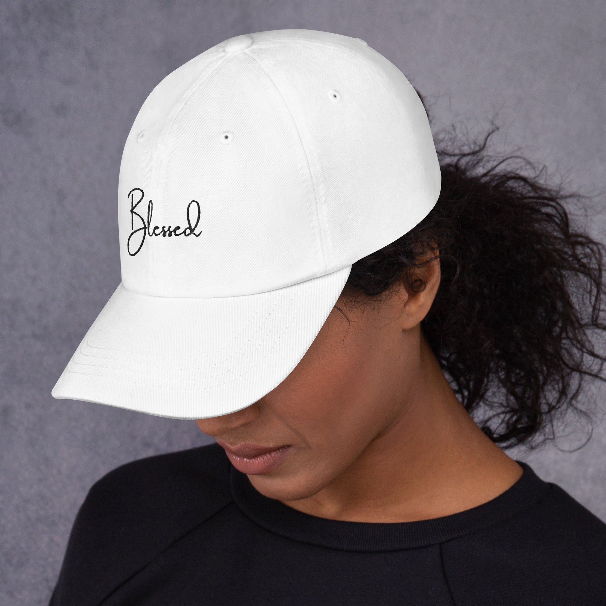 Product White Blessed Hat front and side view on female model