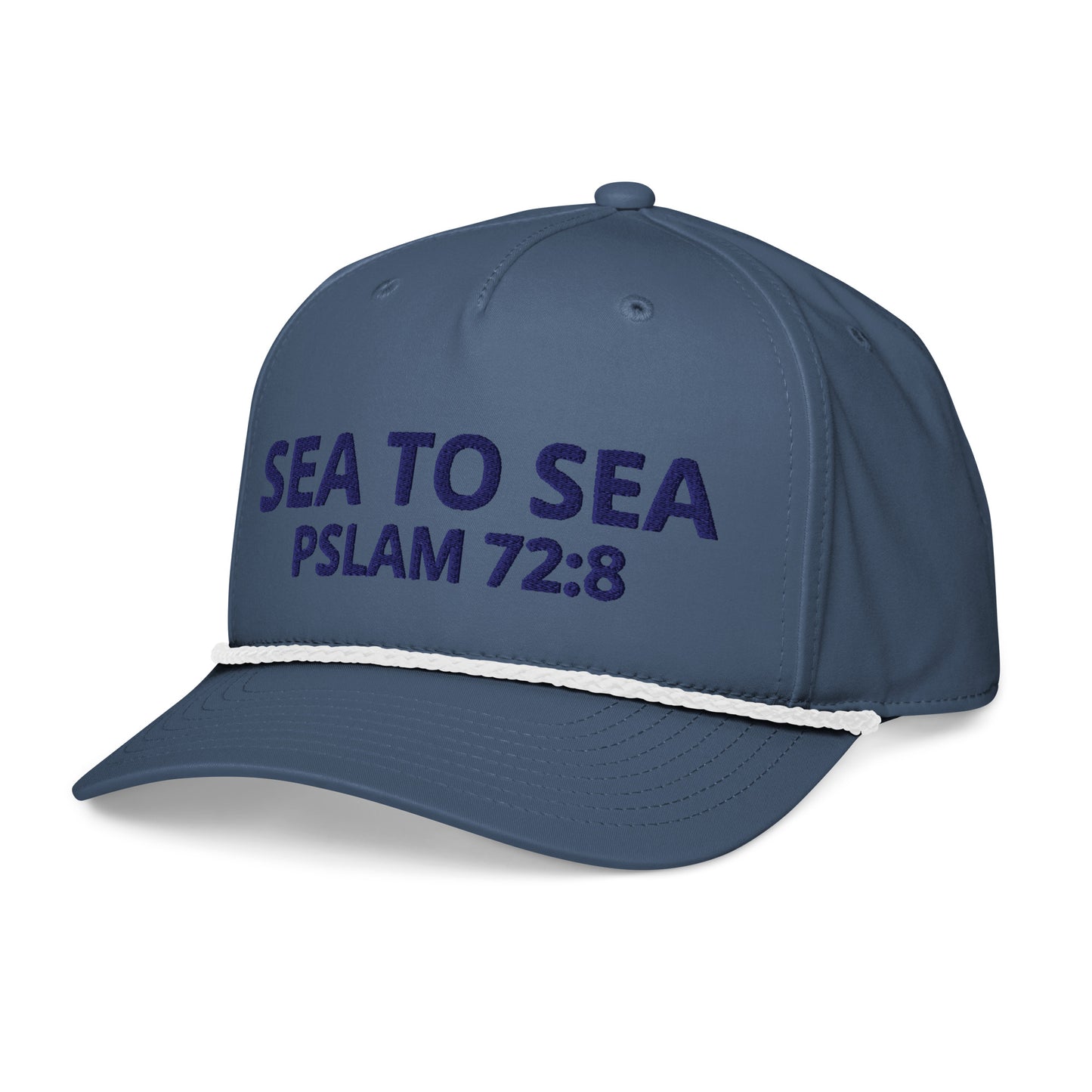 Right side view of the Sea to Sea Rope Hat in light blue with white rope and adjustable snapback closure.