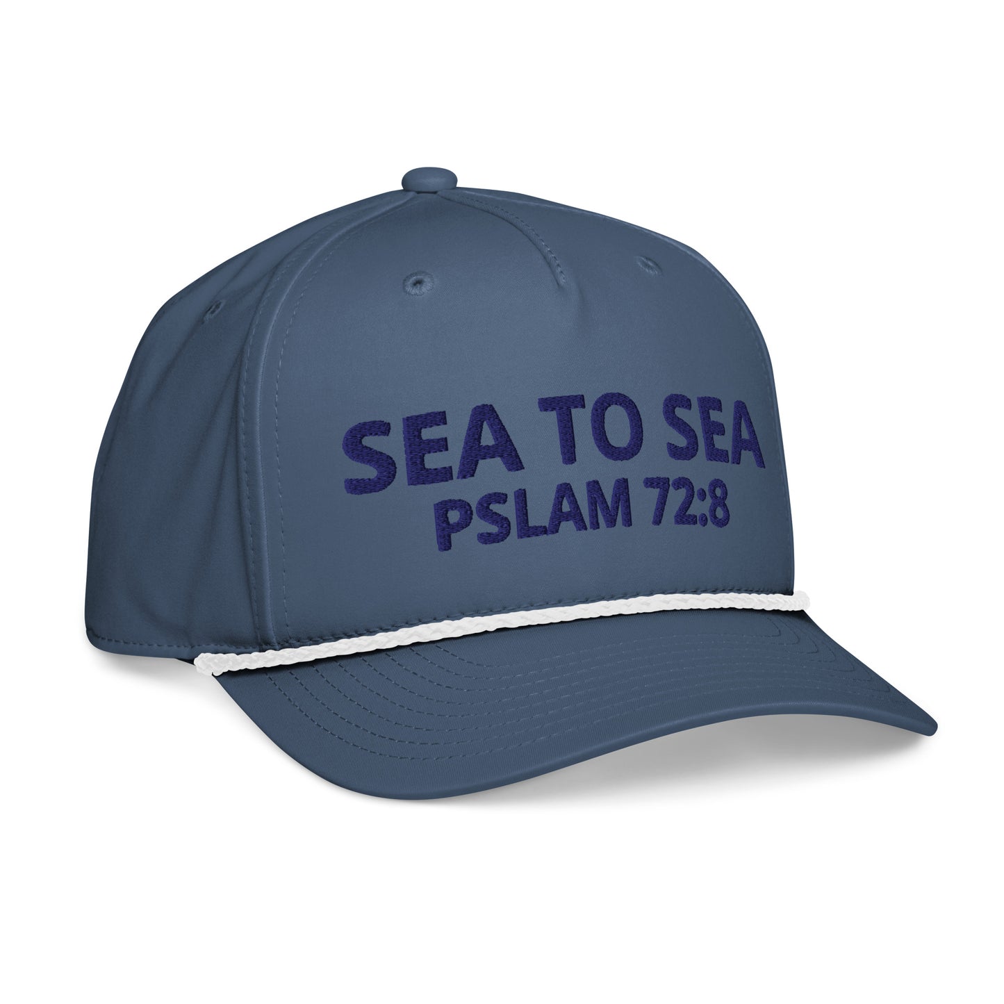 Right Side view of the Sea to Sea Rope Hat in light blue with white rope and adjustable snapback closure.