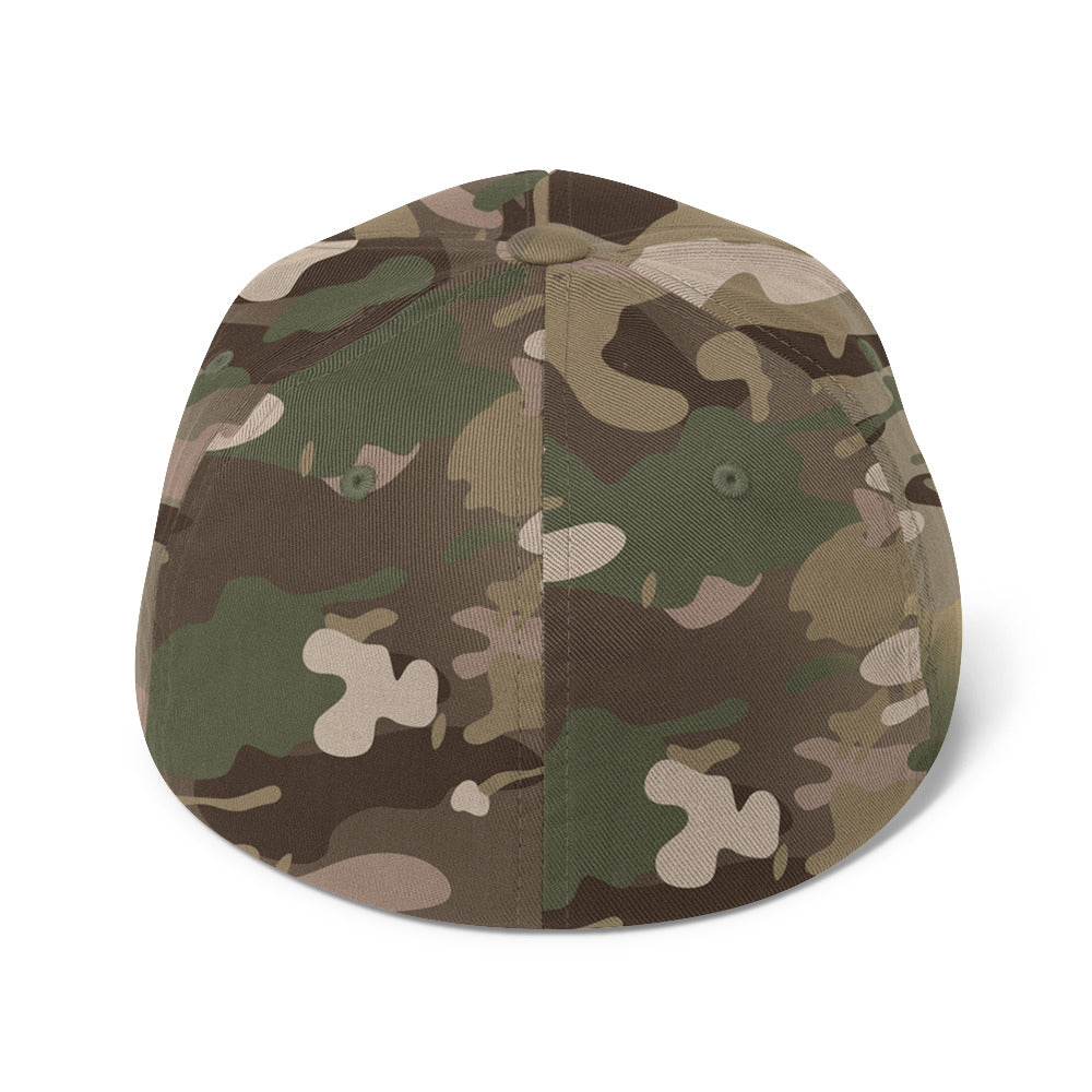 Back of camo Flexfit fullback hat – embroidered Christian cap with stretch fit design