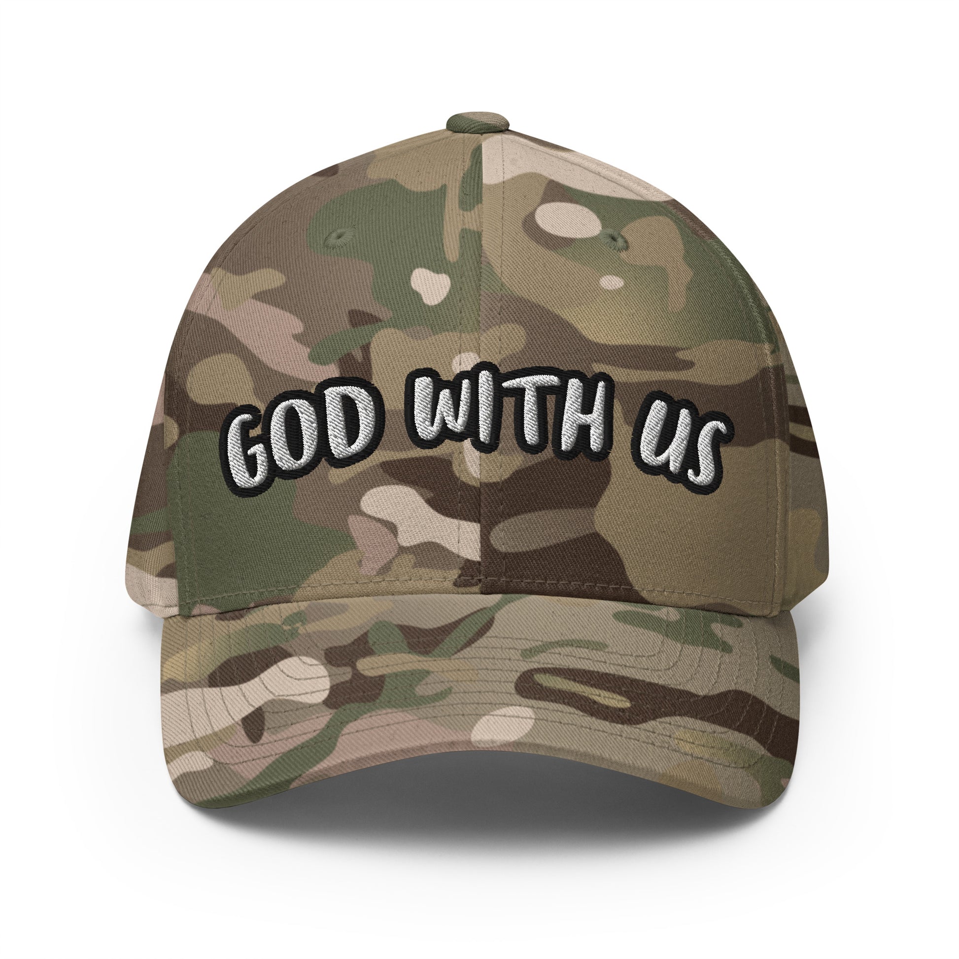 Camo Flexfit hat with “God With Us” embroidered on front – Christian camo baseball cap for men