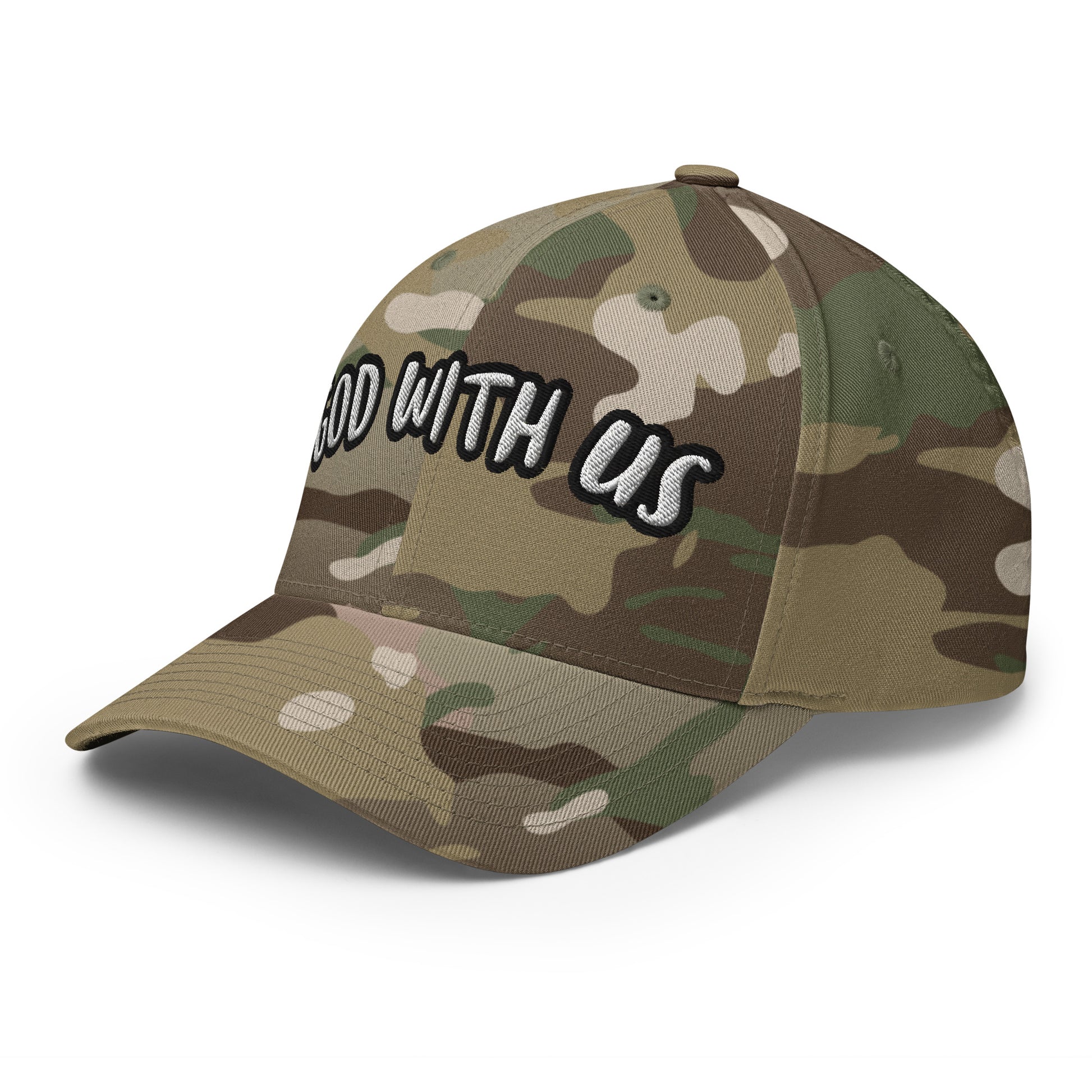 Side View Camo Flexfit hat with “God With Us” embroidered on front – Christian camo baseball cap

