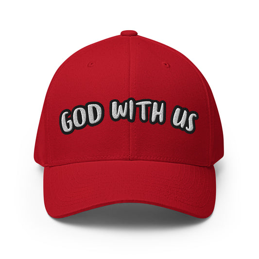 Front view of red Flexfit Christian hat with bold white embroidered text outlined in black that reads “God With Us”
