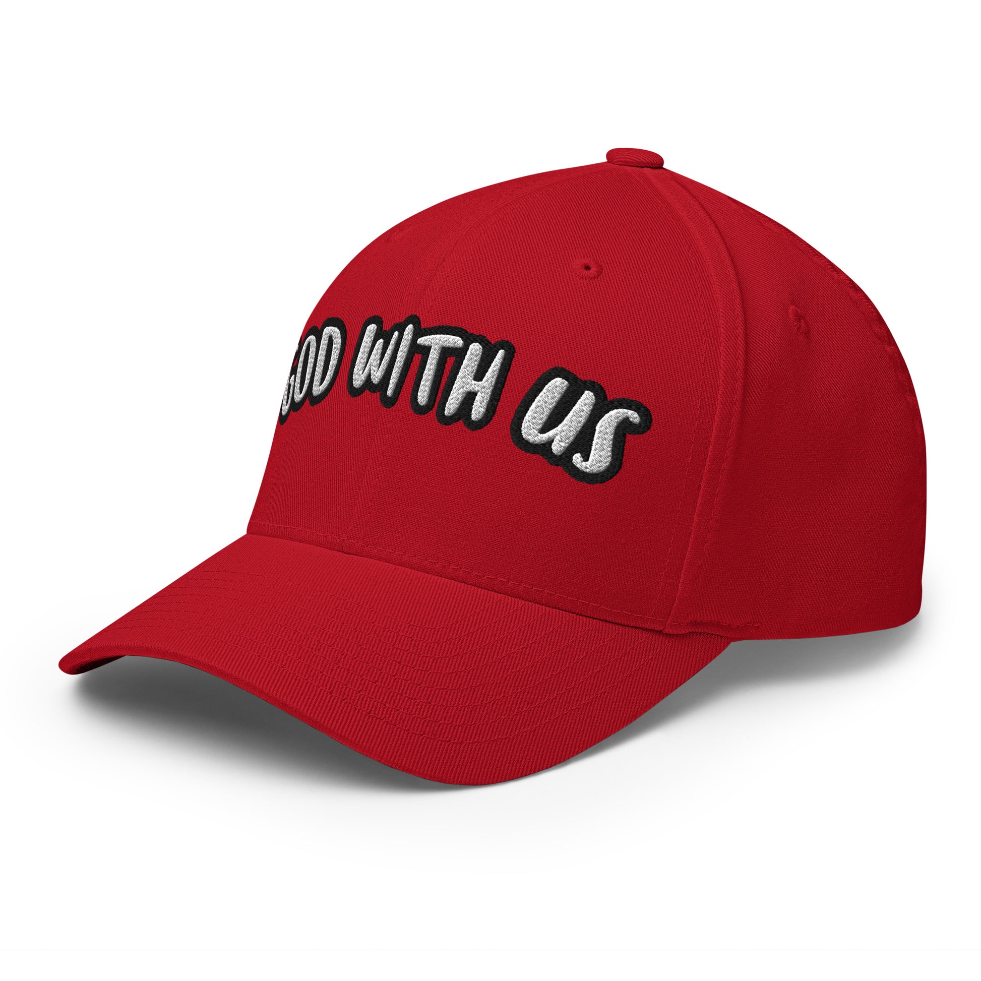 Left front angled view of red Flexfit Christian hat showing the embroidered “God With Us” text in white with black outline
