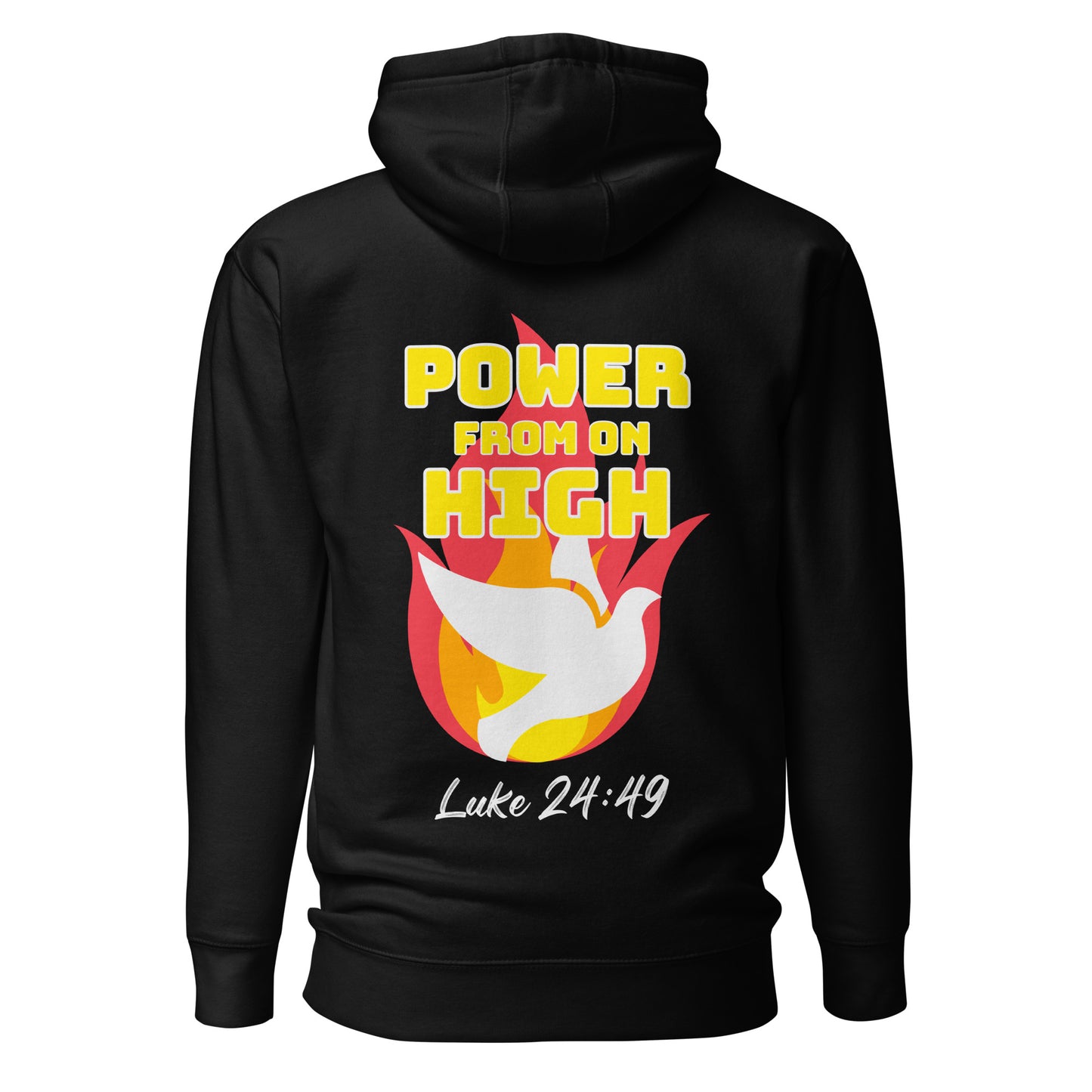 Back view showing large flame with dove and “From Power on High” in yellow