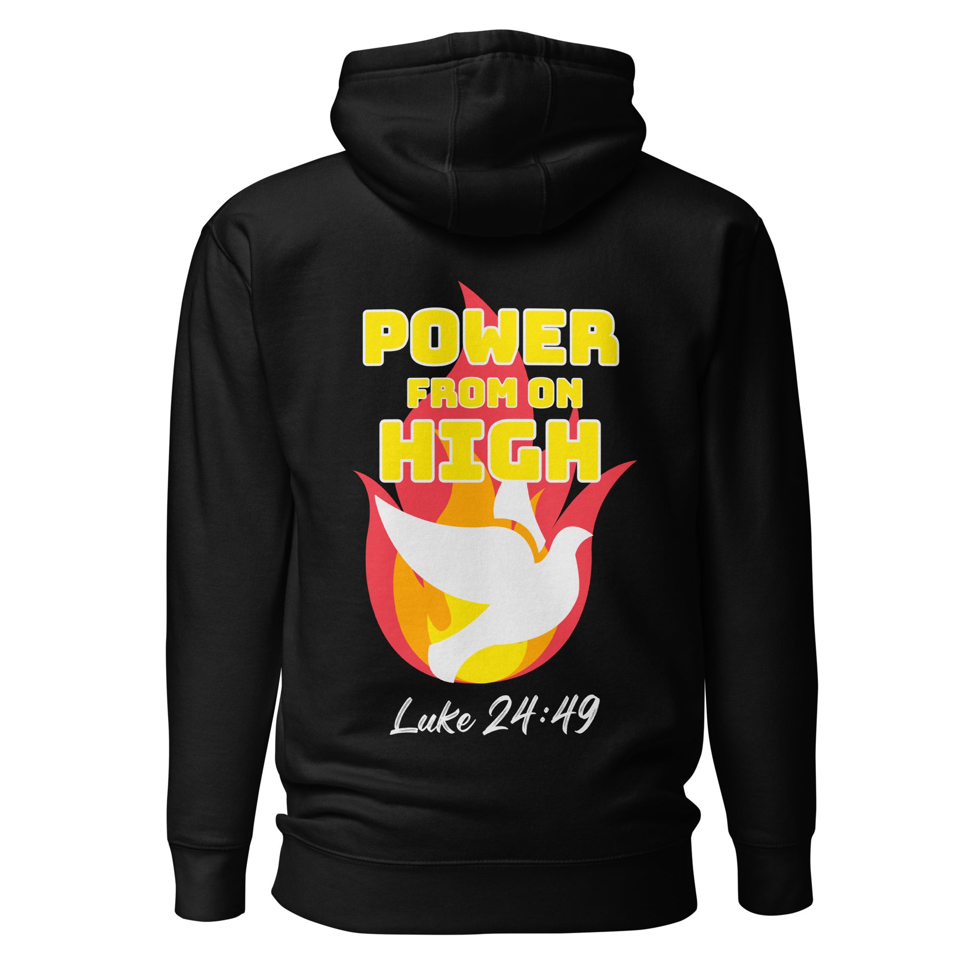 Back view showing large flame with dove and “From Power on High” in yellow