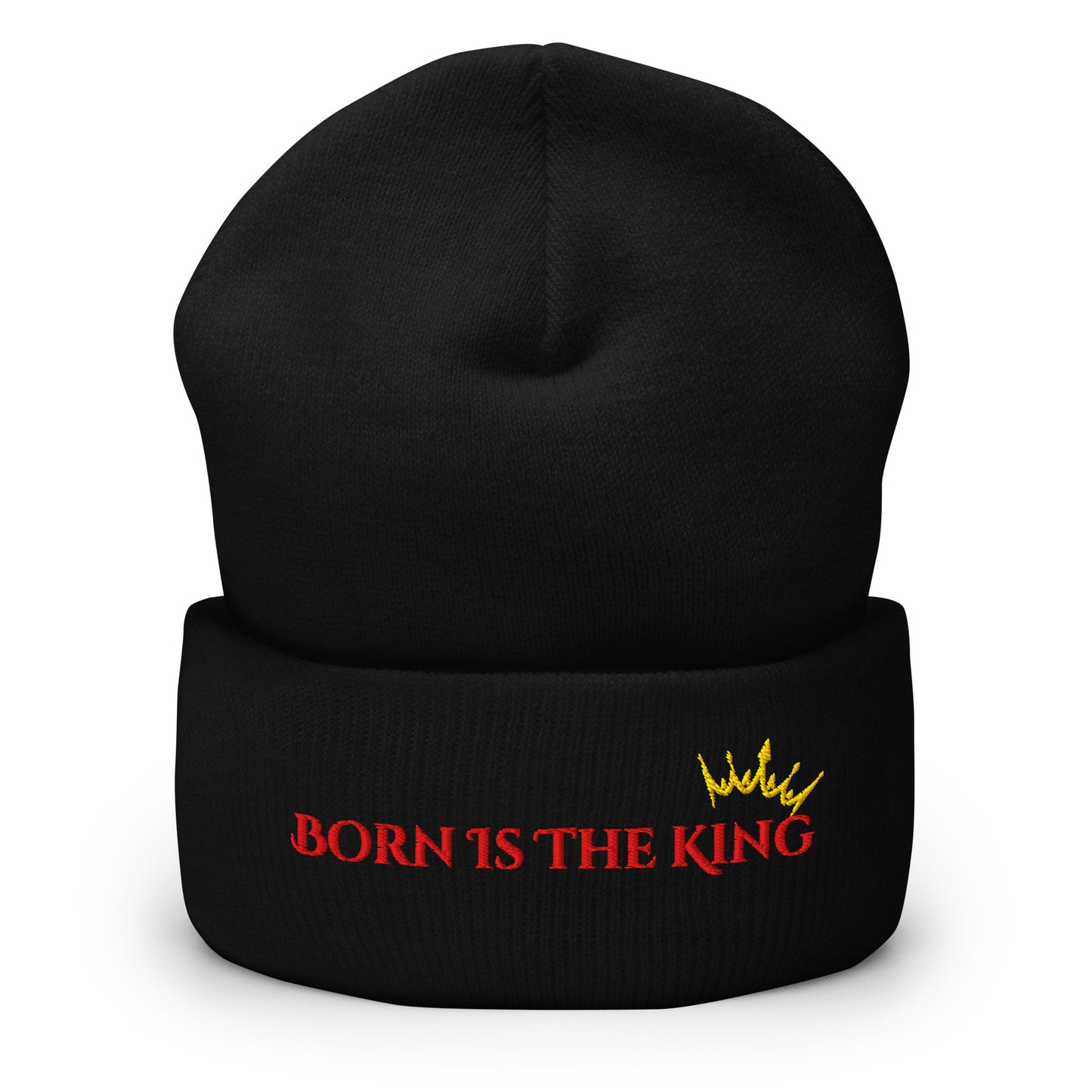 Front view of Born Is the King black beanie with gold crown embroidery