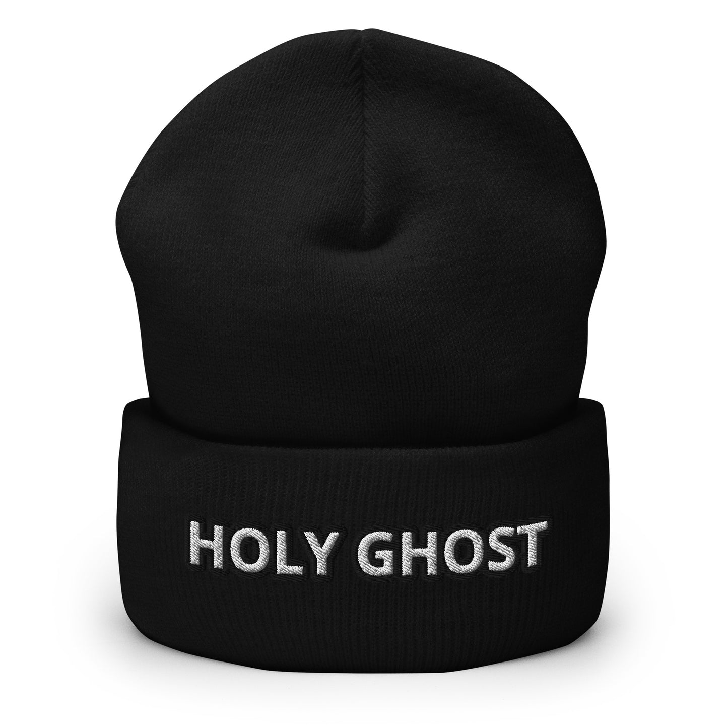 Front view of black beanie with “Holy Ghost” embroidered in white outlined in black