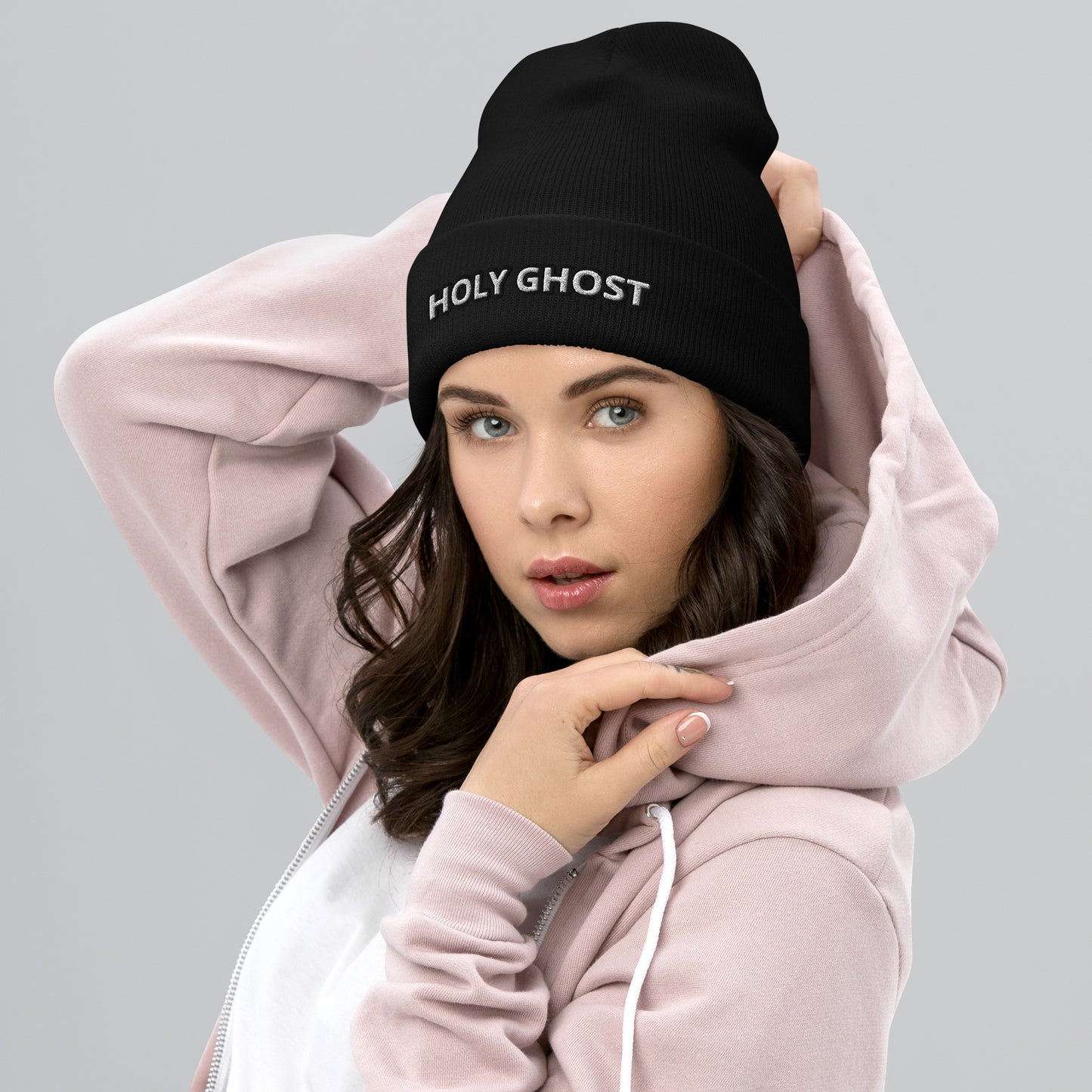 Lifestyle photo – Female model wearing Holy Ghost beanie