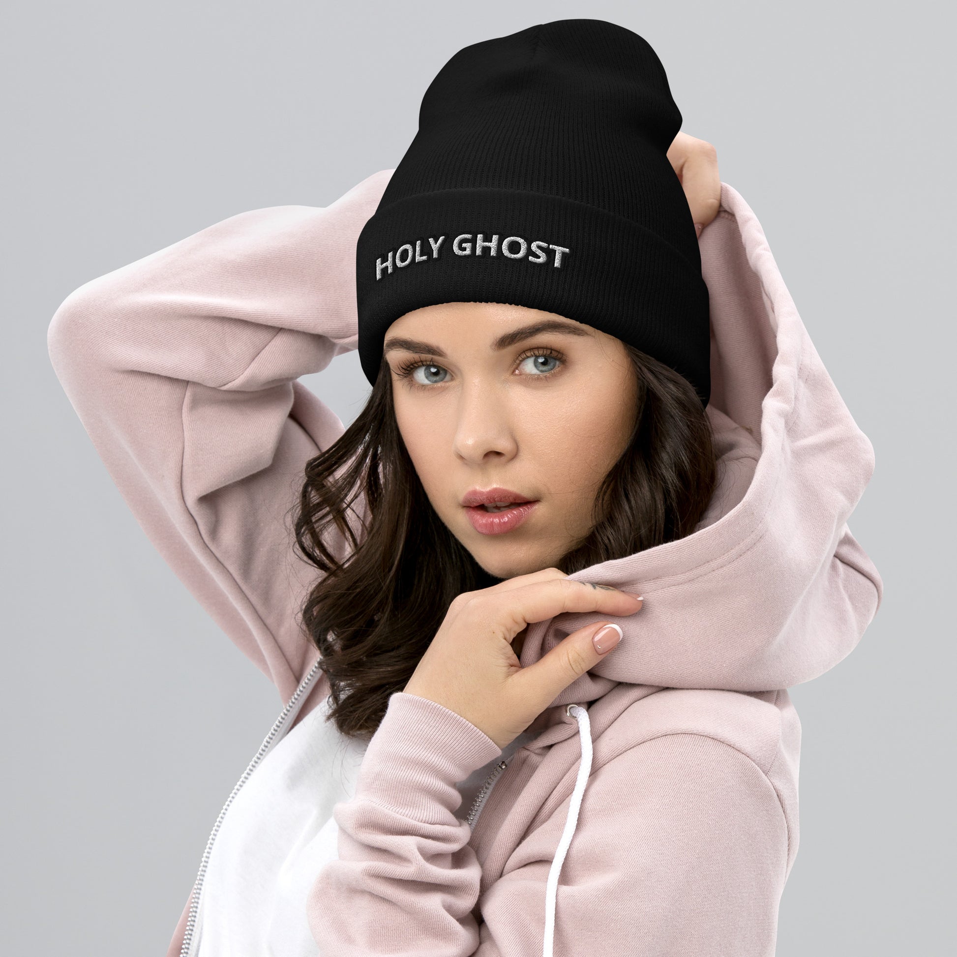 Lifestyle photo – Female model wearing Holy Ghost beanie