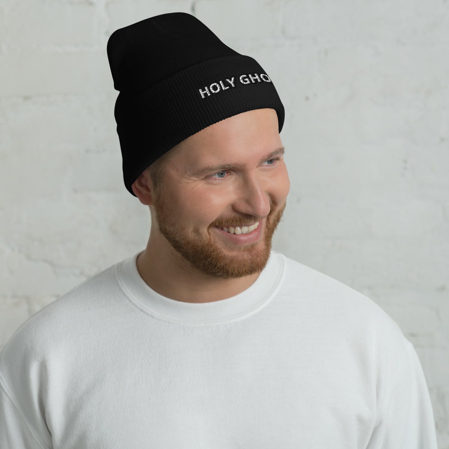 Lifestyle photo – Male model wearing Holy Ghost beanie
