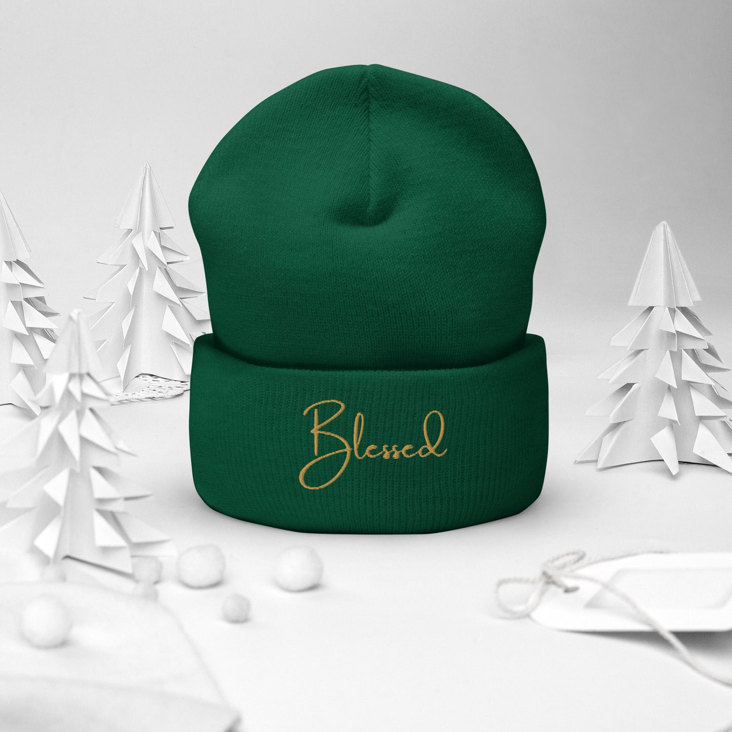 Green and Gold Christmas Blessed beanie in a winter scene