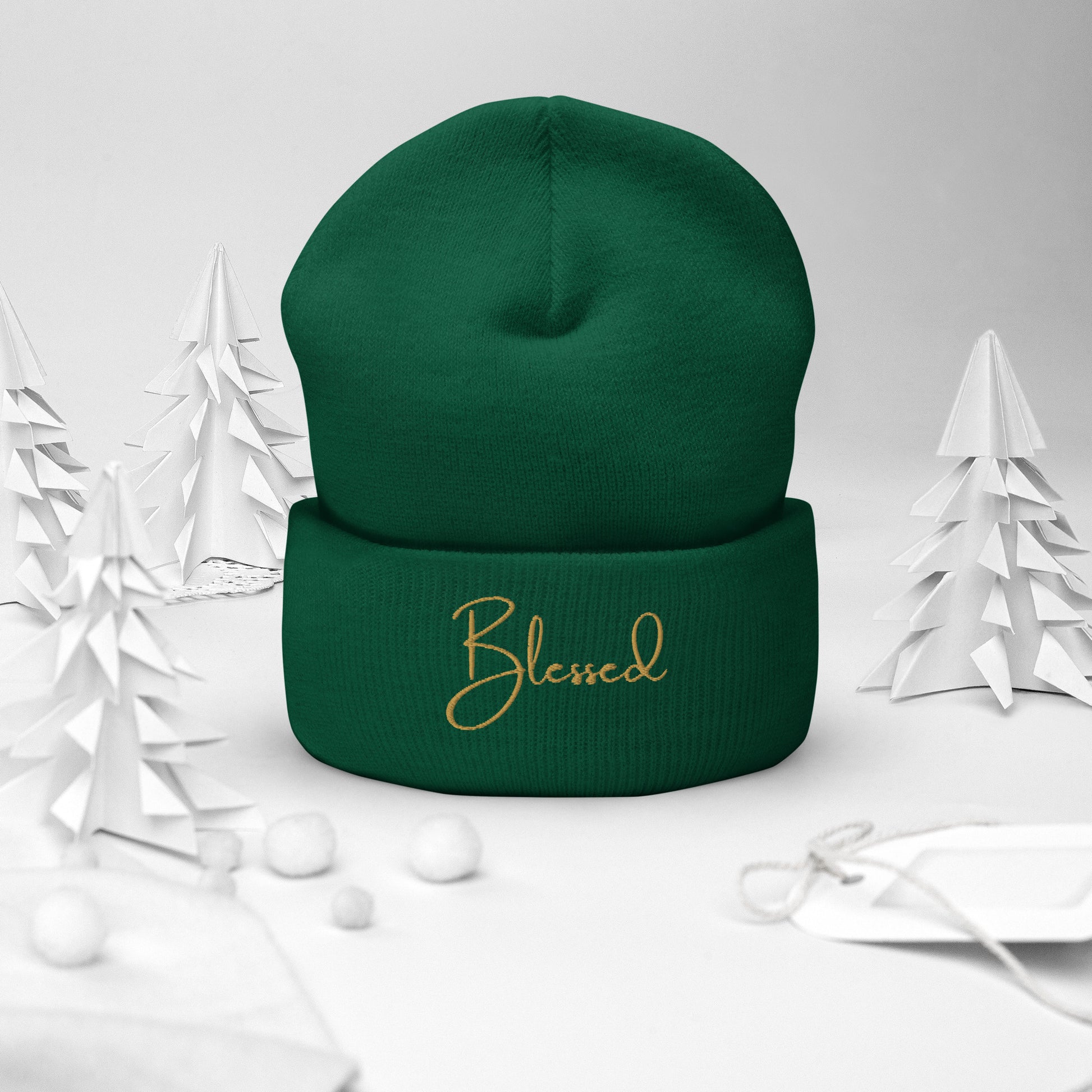Green and Gold Christmas Blessed beanie in a winter scene