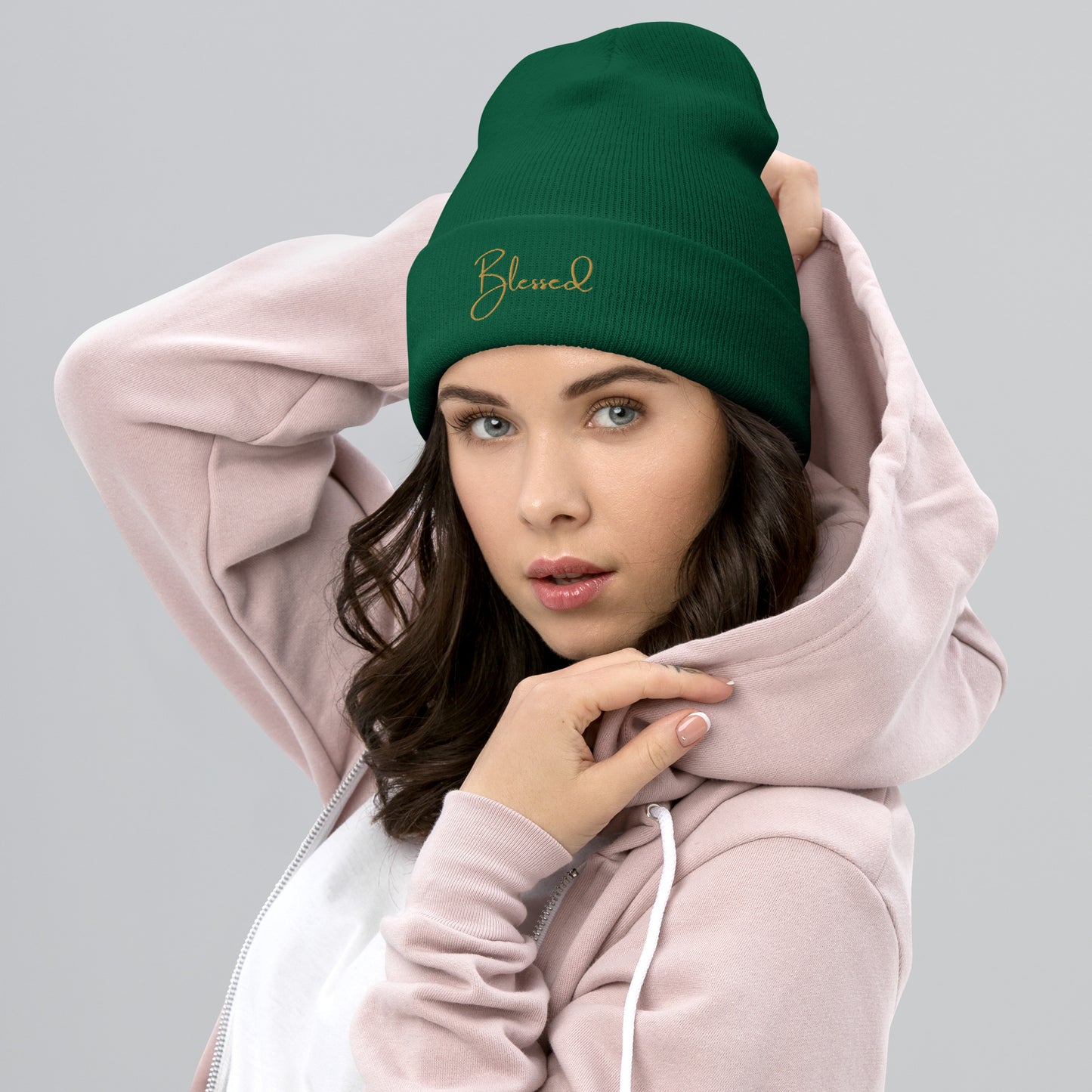 Lifestyle photo – woman wearing green Blessed christmas beanie