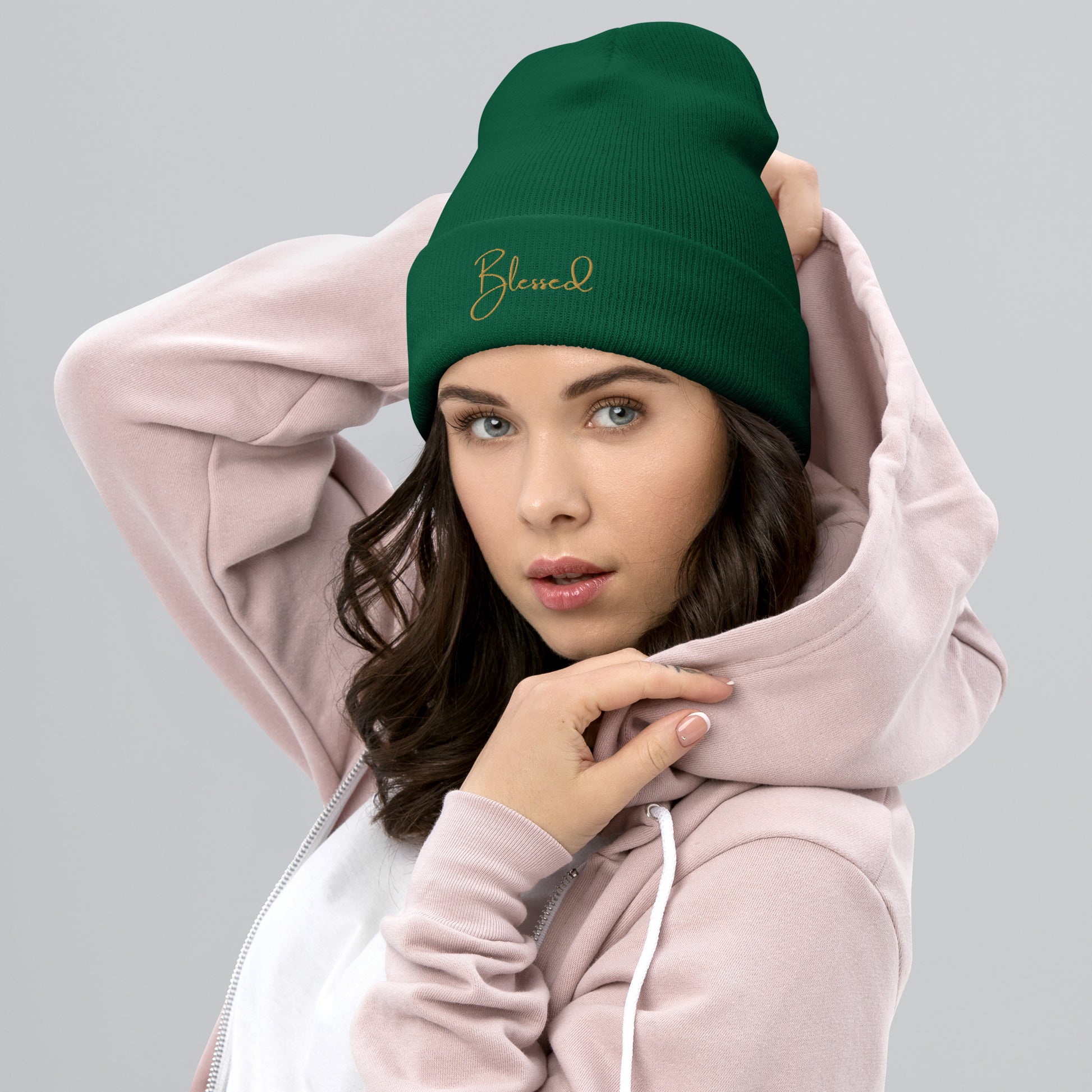 Lifestyle photo – woman wearing green Blessed christmas beanie