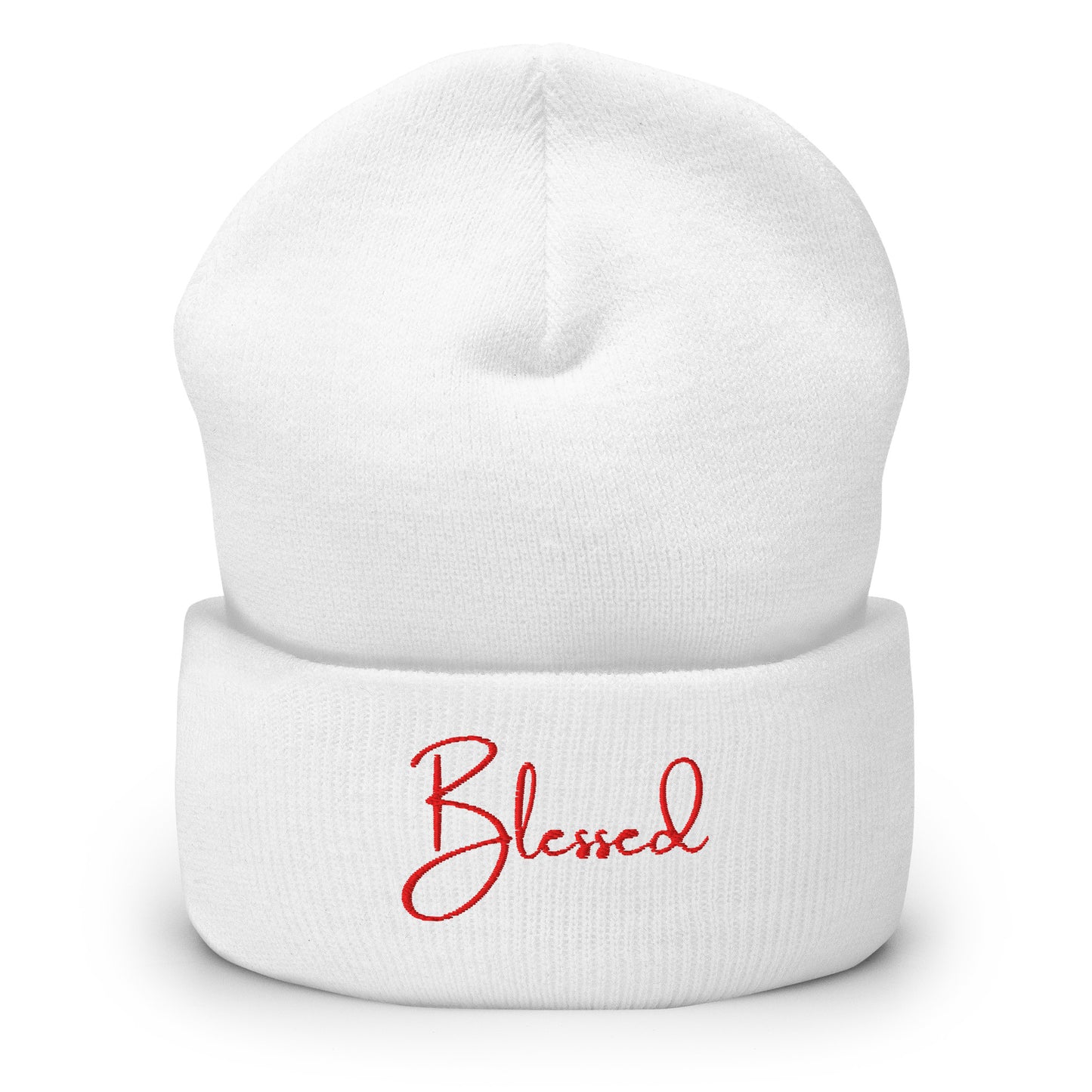 Front view of white Blessed beanie with red embroidery