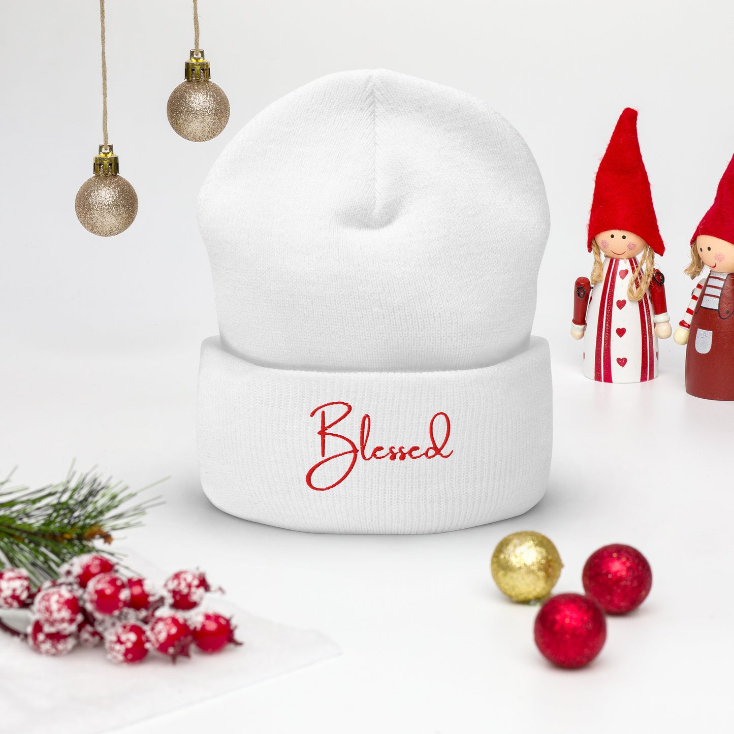White Blessed beanie in a Christmas setting
