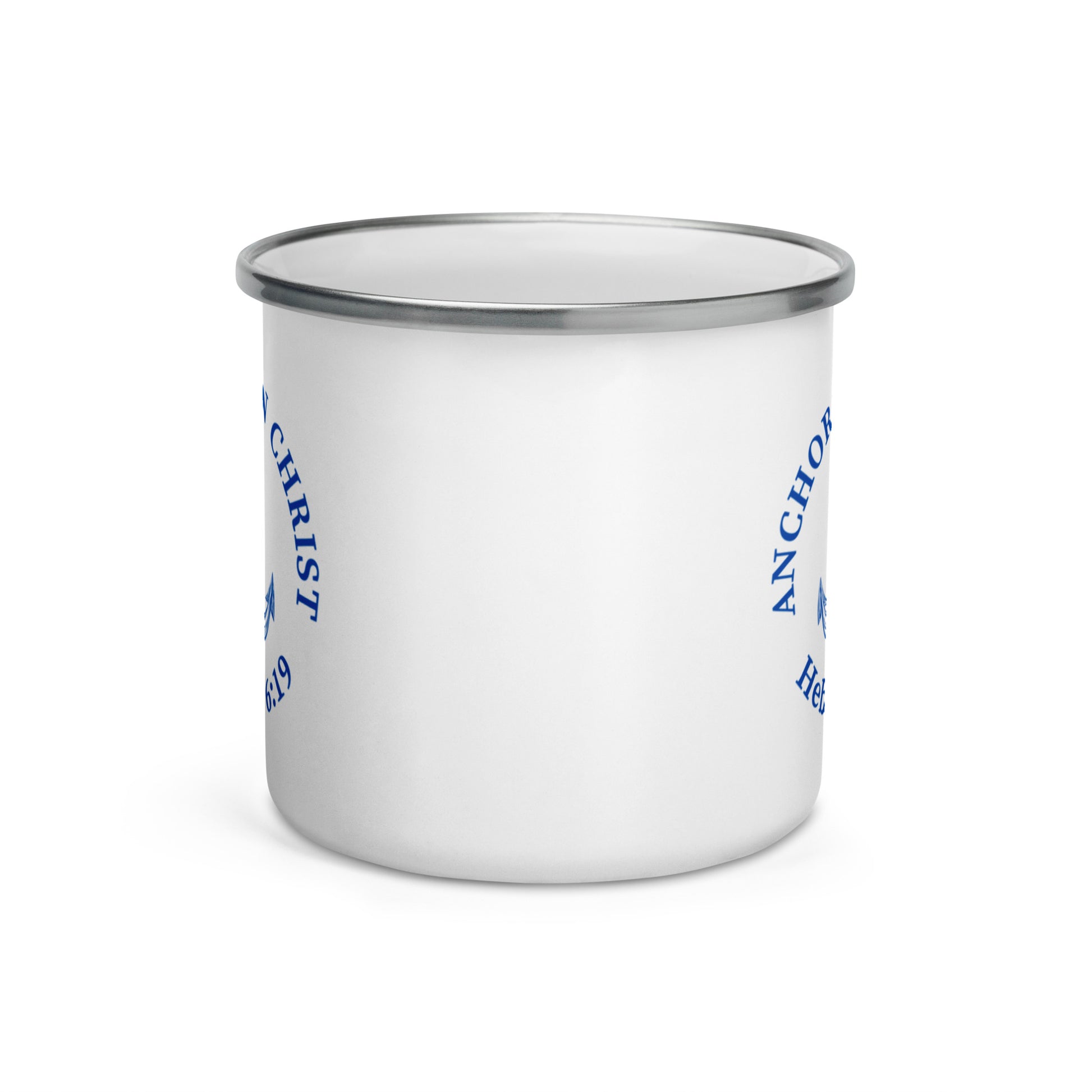 Front-facing view of Anchored in Christ enamel mug with handle at the back, clearly showing anchor graphic and Hebrews 6:19 on both sides
