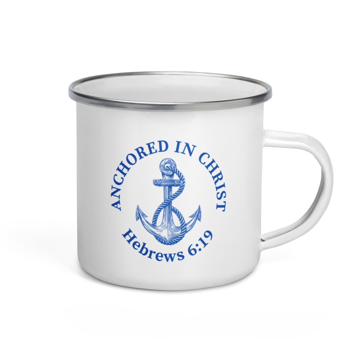 Side view of white enamel Christian mug with handle on the right, showing the Anchored in Christ design with anchor and Hebrews 6:19
