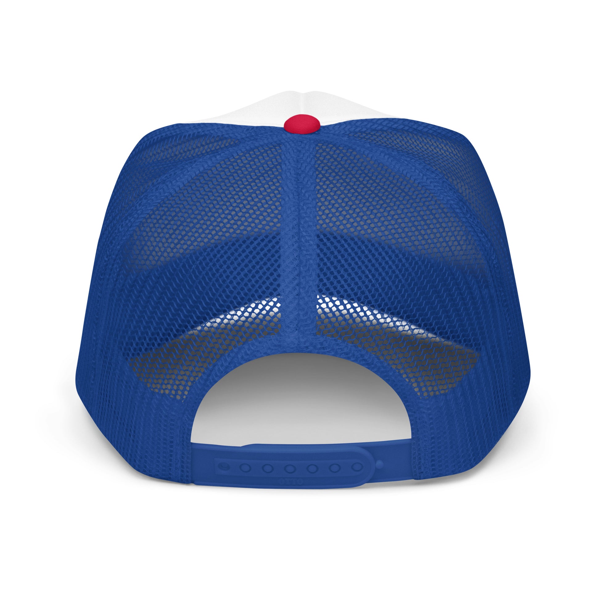 Back view of Christian foam trucker hat showing blue mesh paneling and adjustable plastic snap closure

