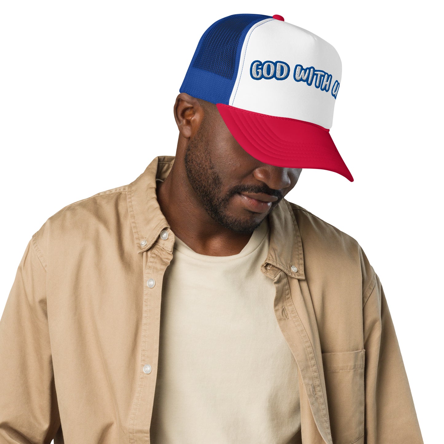 Model wearing red, white, and blue Christian foam trucker hat showing right-side angle view with “God With Us” embroidered on front
