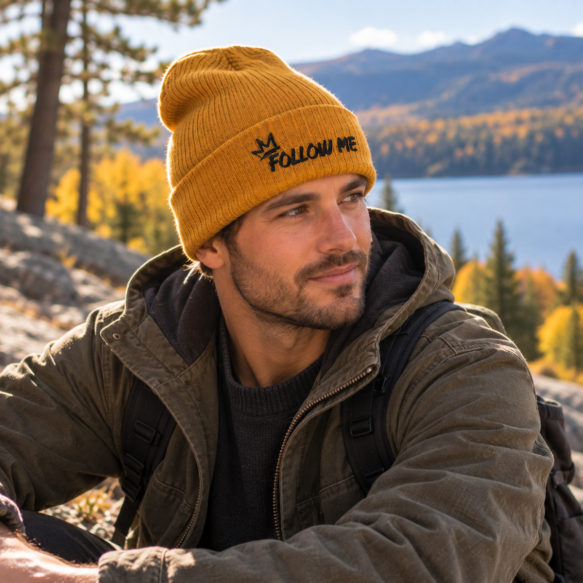 Man wearing the mustard Follow Me embroidered beanie in a nature setting