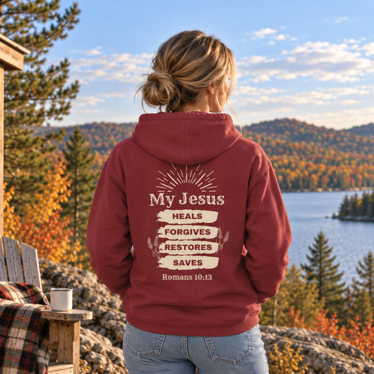 A woman stands outdoors by a lake with autumn trees and mountains in the background, wearing a burgundy hoodie from the back. The hoodie has a large beige graphic and text reading 'My Jesus HEALS FORGIVES RESTORES SAVES Romans 10:13.