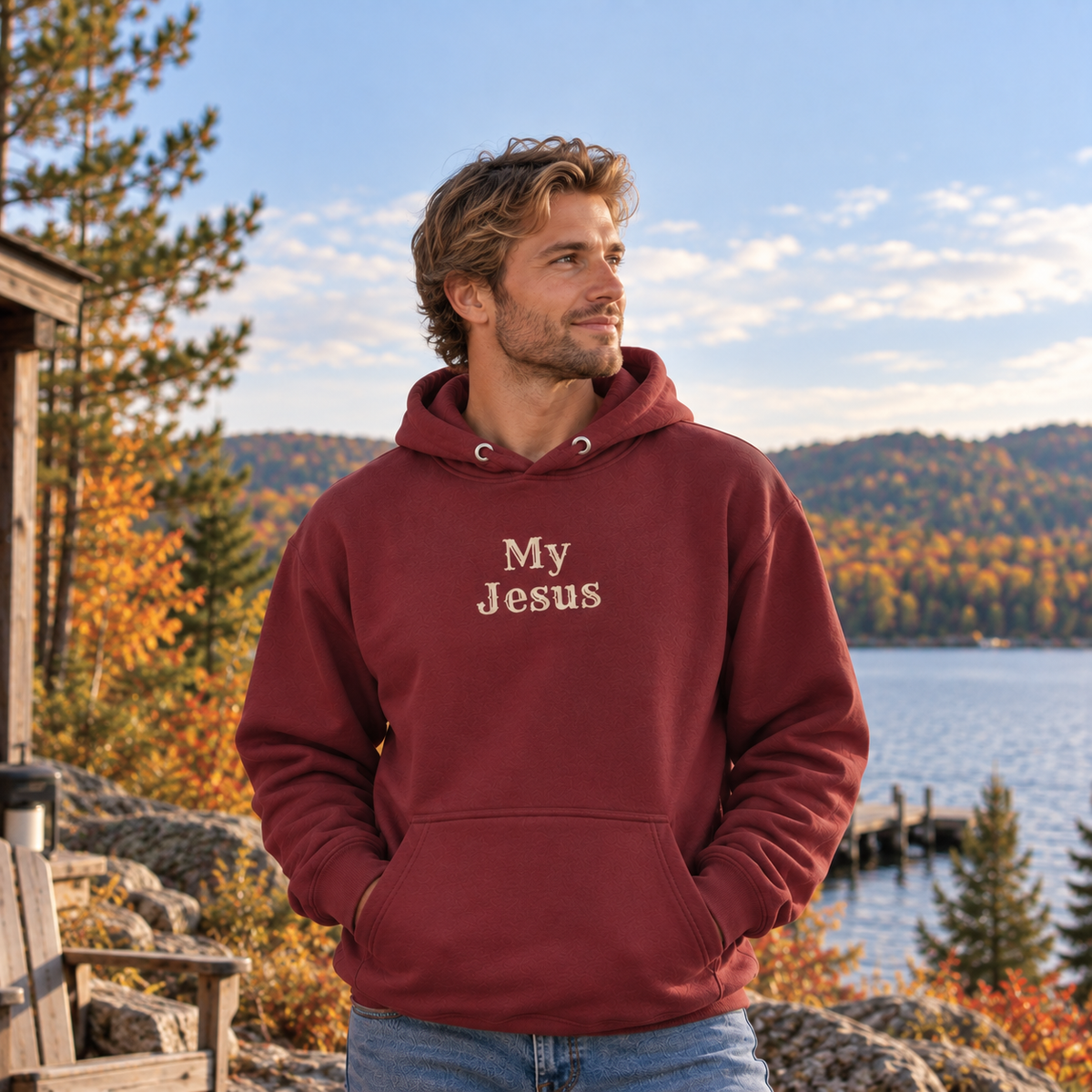 A man wearing a maroon hoodie with 'My Jesus' printed in beige text on the chest, standing outdoors by a lake with autumn trees and hills in the background.