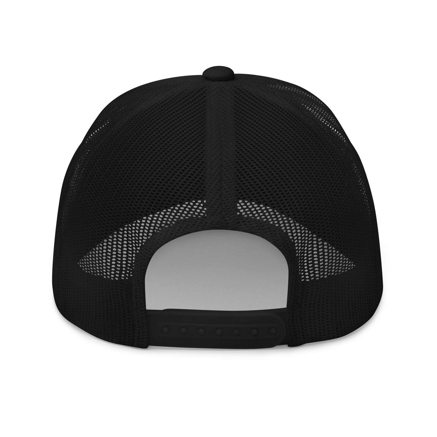 plain back view of black trucker hat
