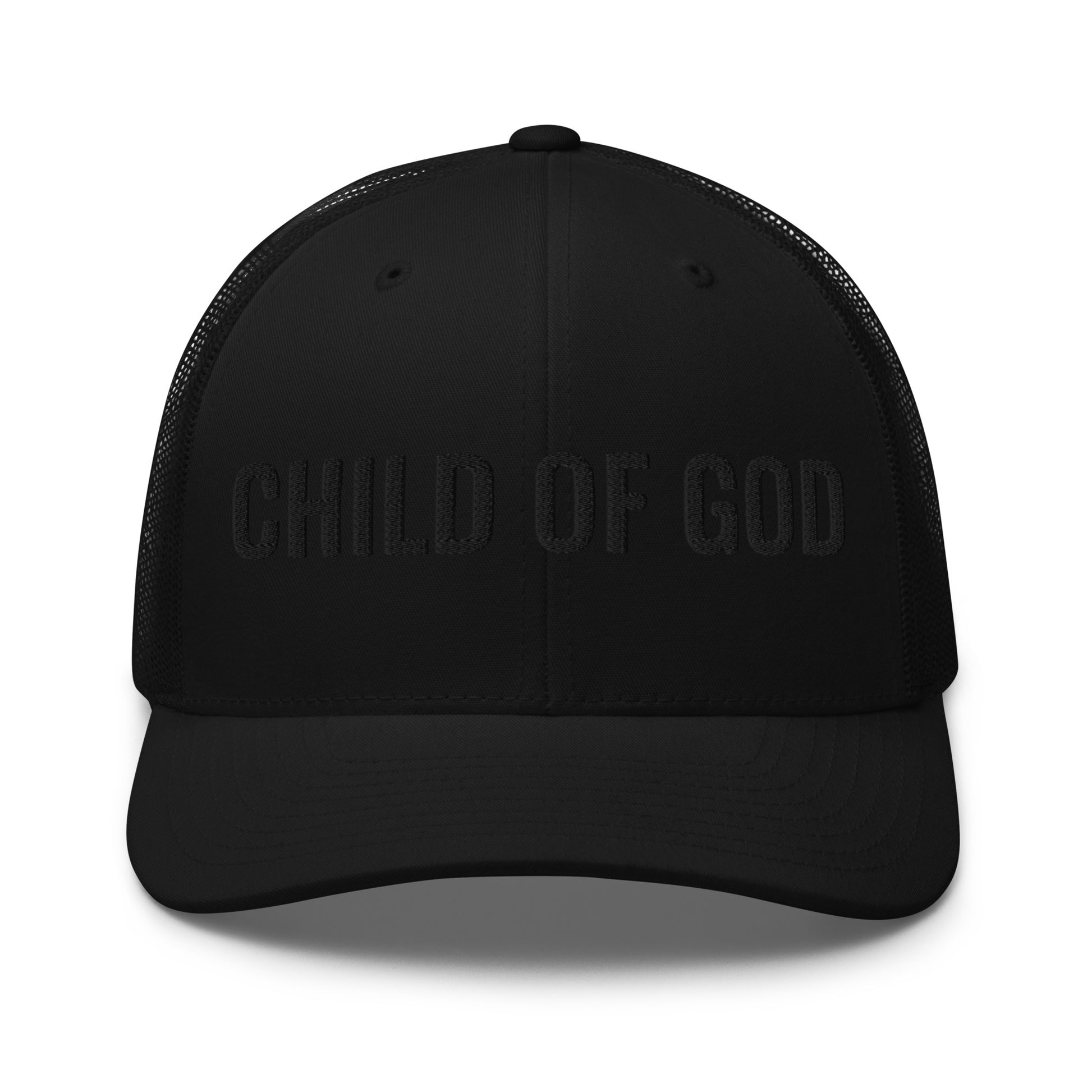 Child of God black trucker hat inspired by John 1:12 front view