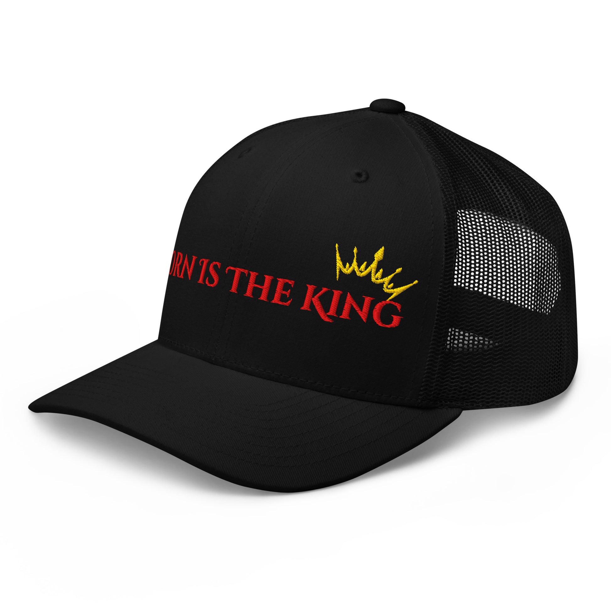 front left view of black Born Is The King trucker hat