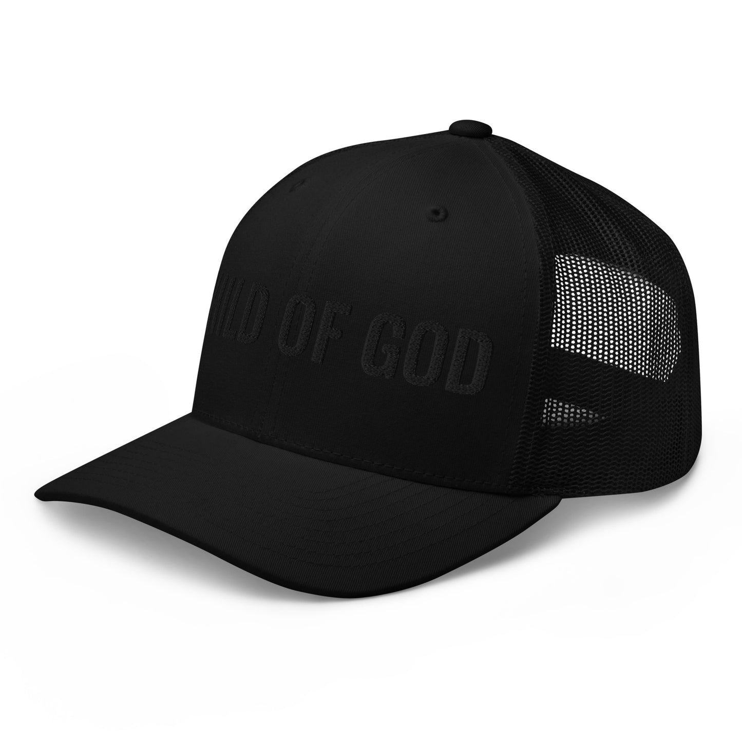 Black on black Christian hat with tonal embroidery minimalist design