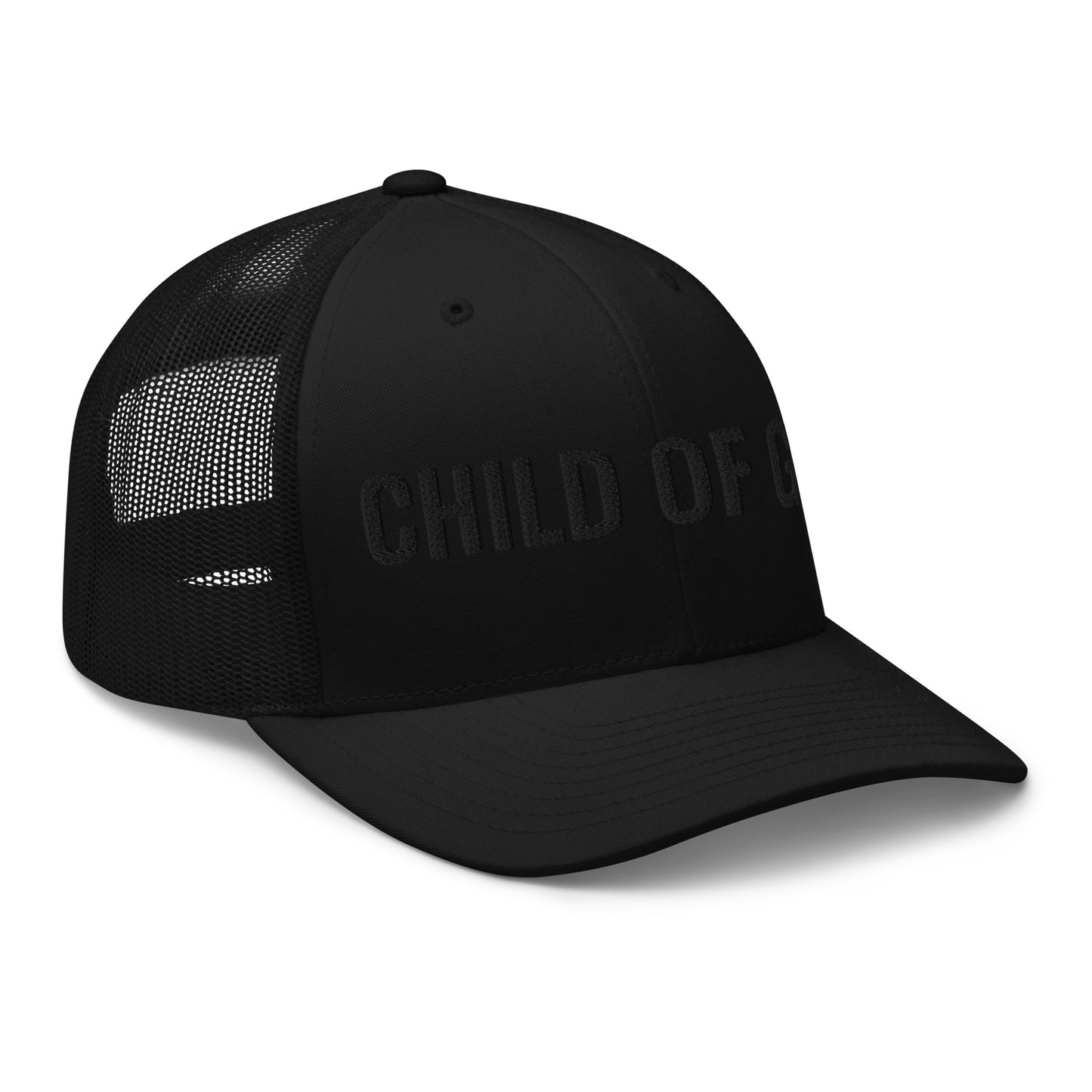 Side view of subtle faith based trucker hat Child of God lettering